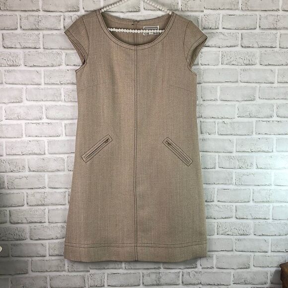 Karin Stevens Dress Cap Sleeve Tan with Zip Pockets Scoop Neck Size 10 - Picture 1 of 8